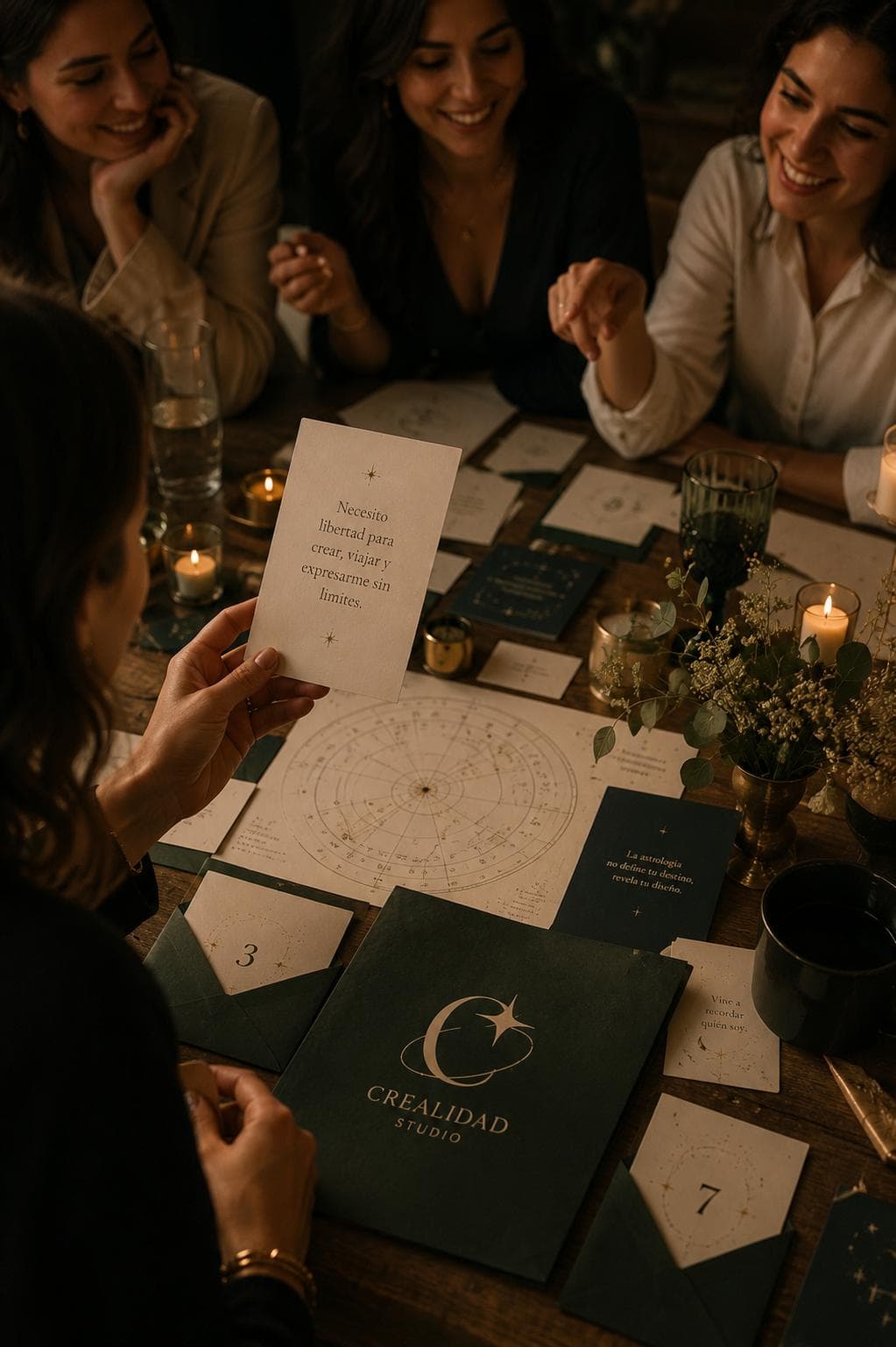 Sesión de Crealidad Studio: amigas leyendo cartas astrales alrededor de una mesa