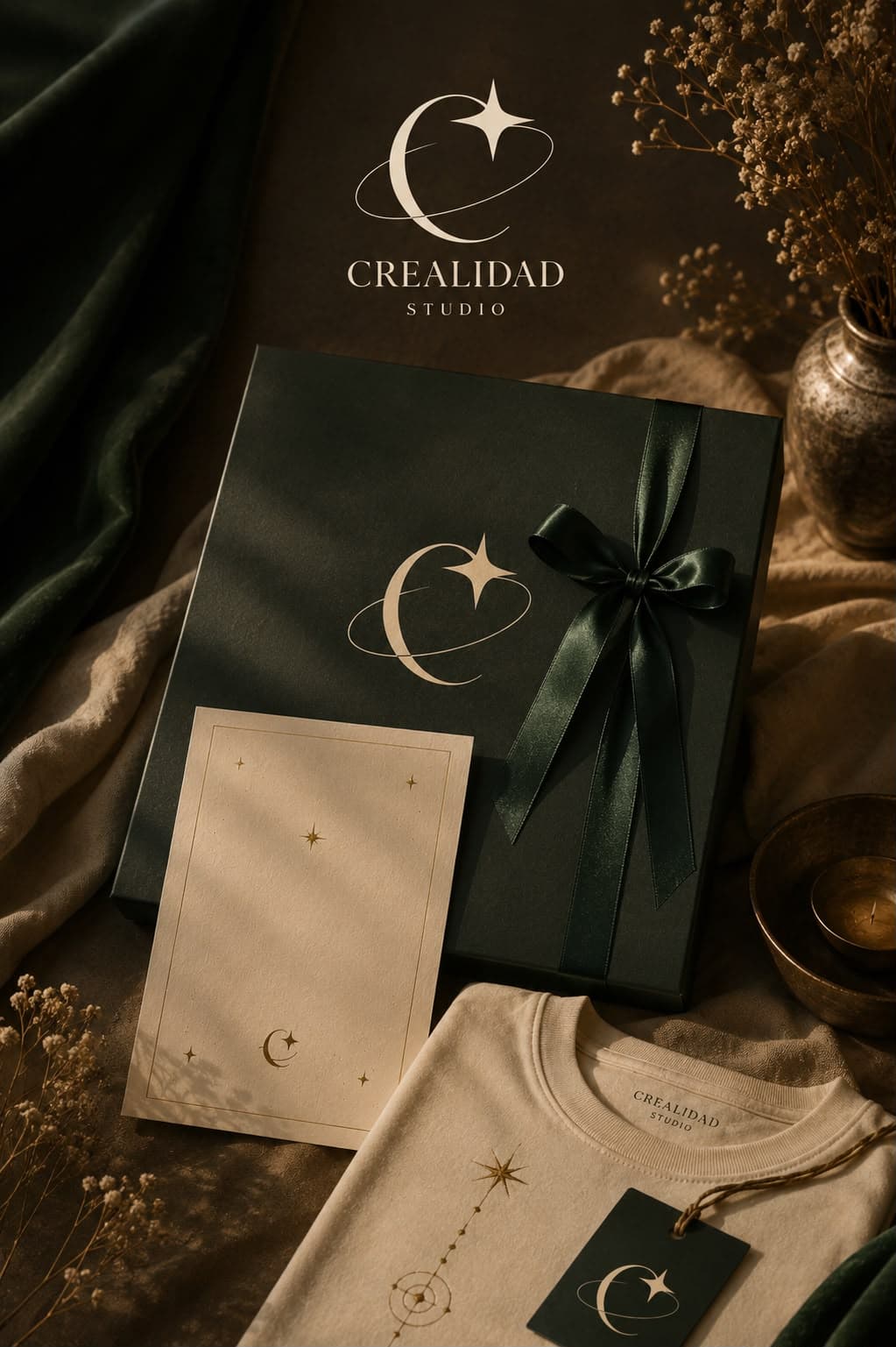 Regalo de Crealidad Studio: caja verde con lazo, tarjeta y prenda